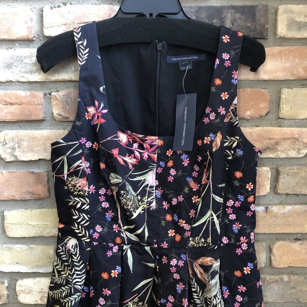 French Connection Black Floral Print Fit N Flare Summer Dress 10 Nwt Mrsp $188